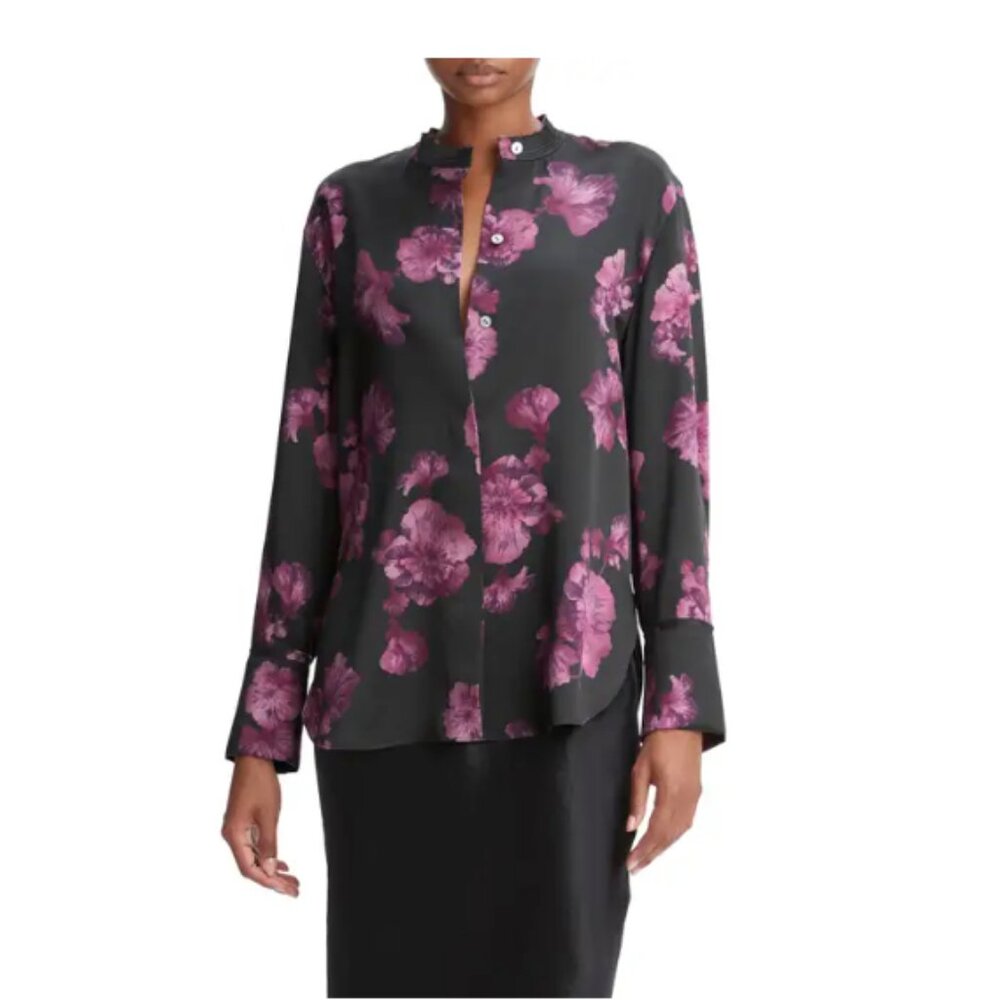 Vince Begonia Print Raw Neck Silk Blouse